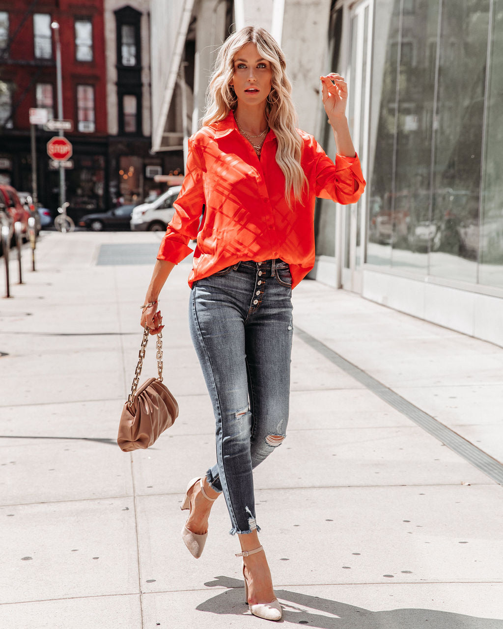 Lynn Satin Button Down Blouse - Red