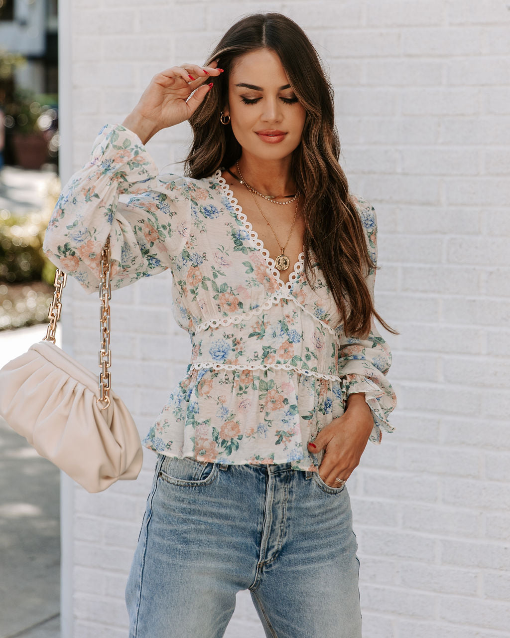 Malaia Floral Crochet Peplum Top - Ivory Multi