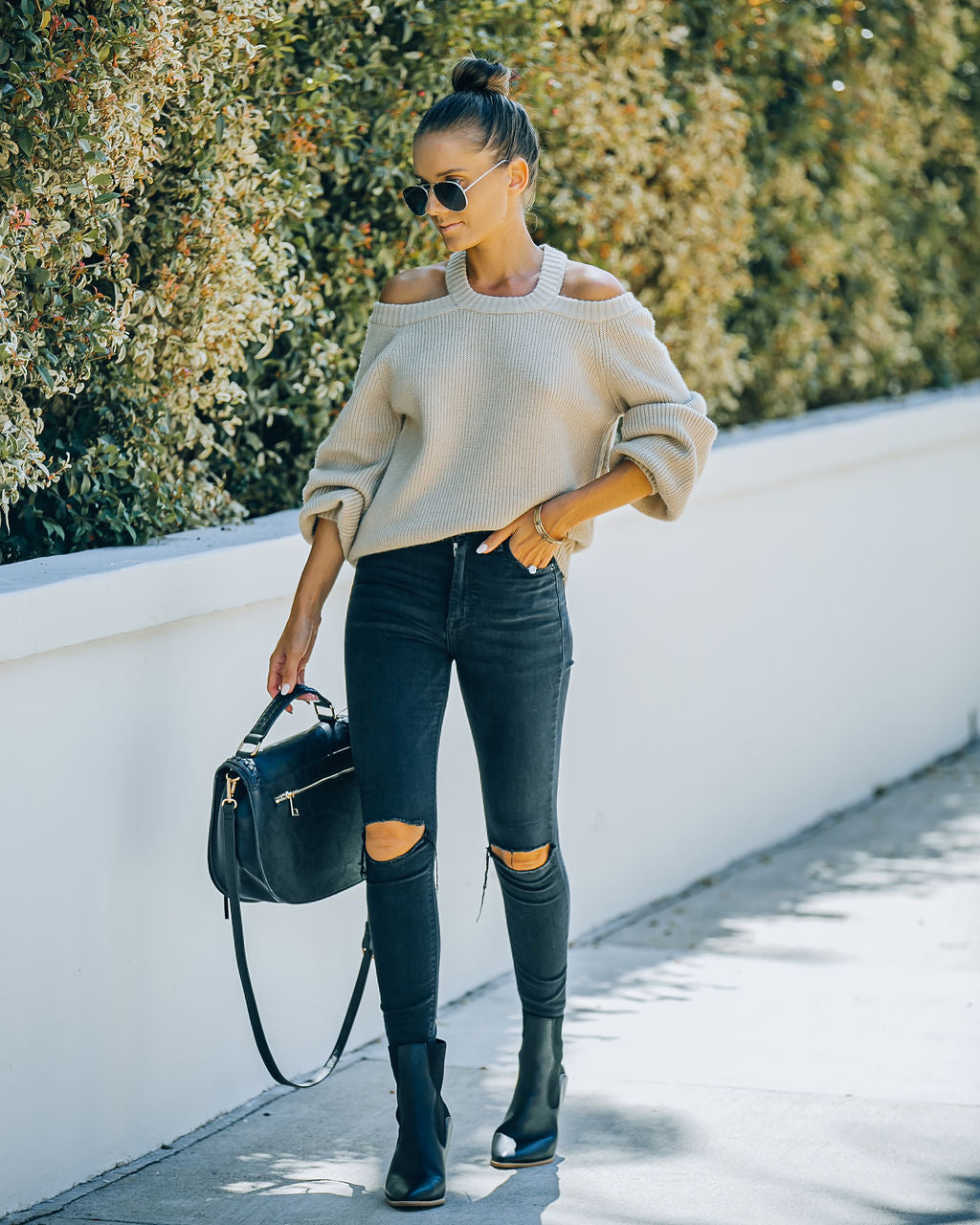 Malia Cold Shoulder Knit Sweater - Sand