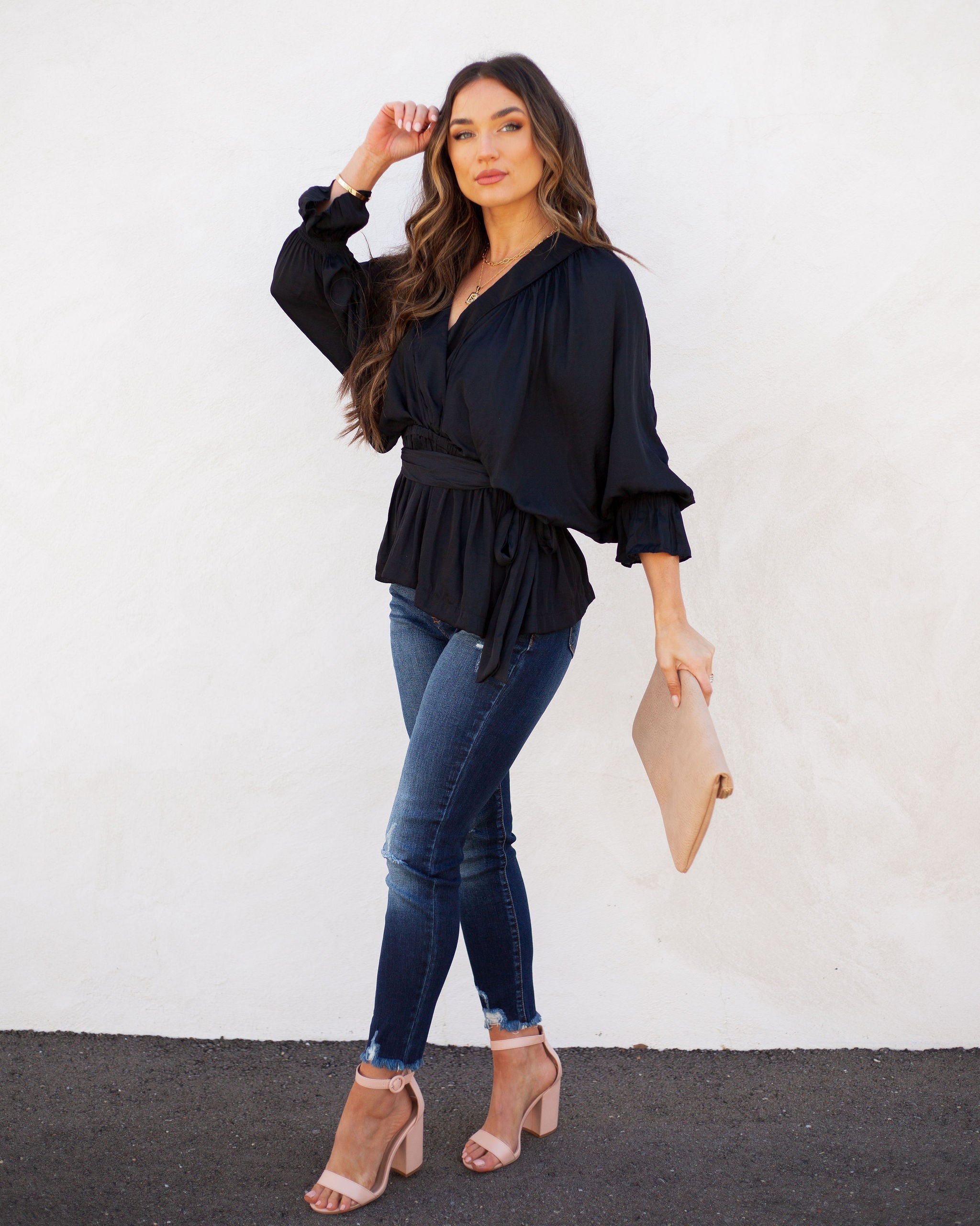 Manners Statement Sleeve Drape Blouse - Washed Black