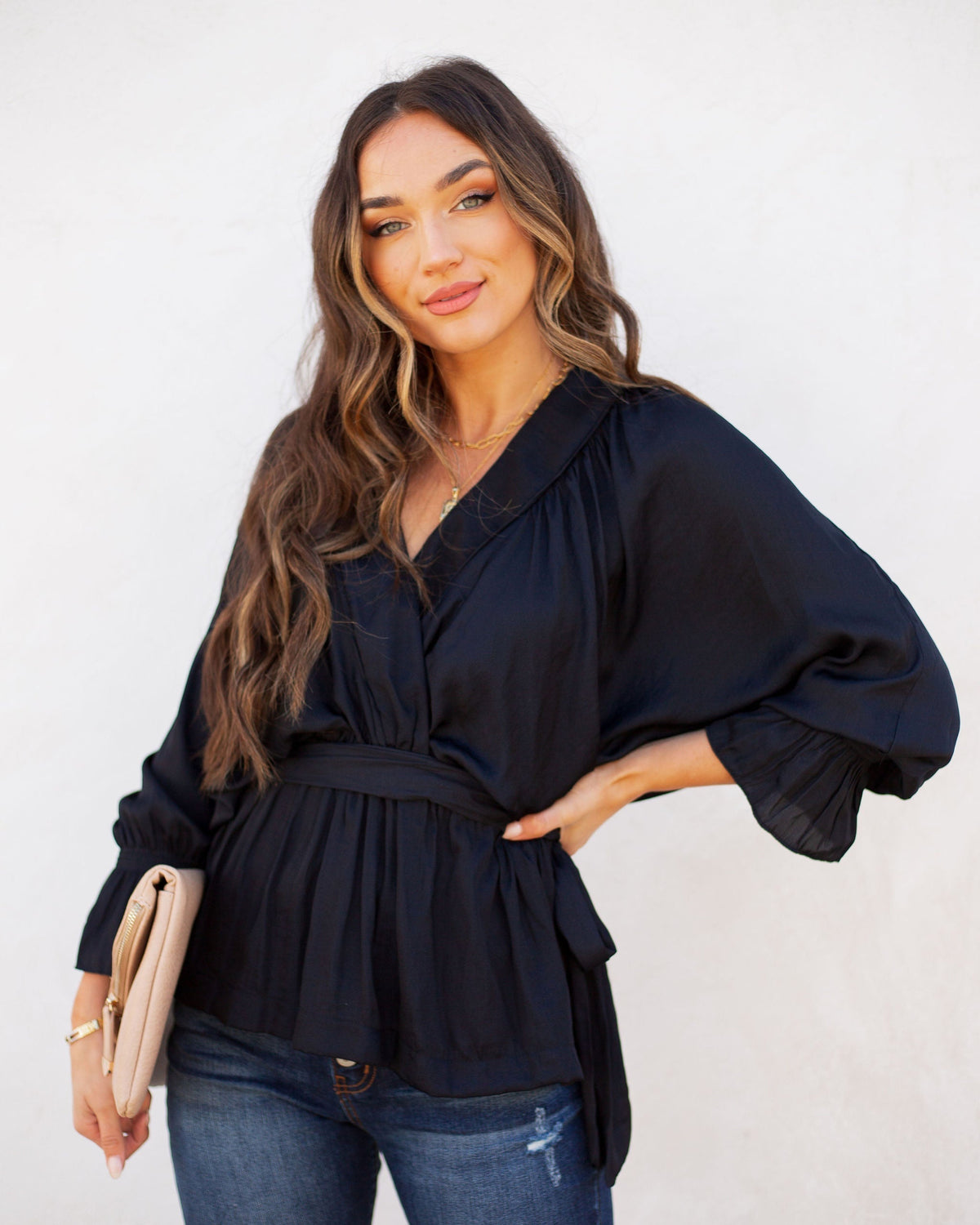 Manners Statement Sleeve Drape Blouse - Washed Black