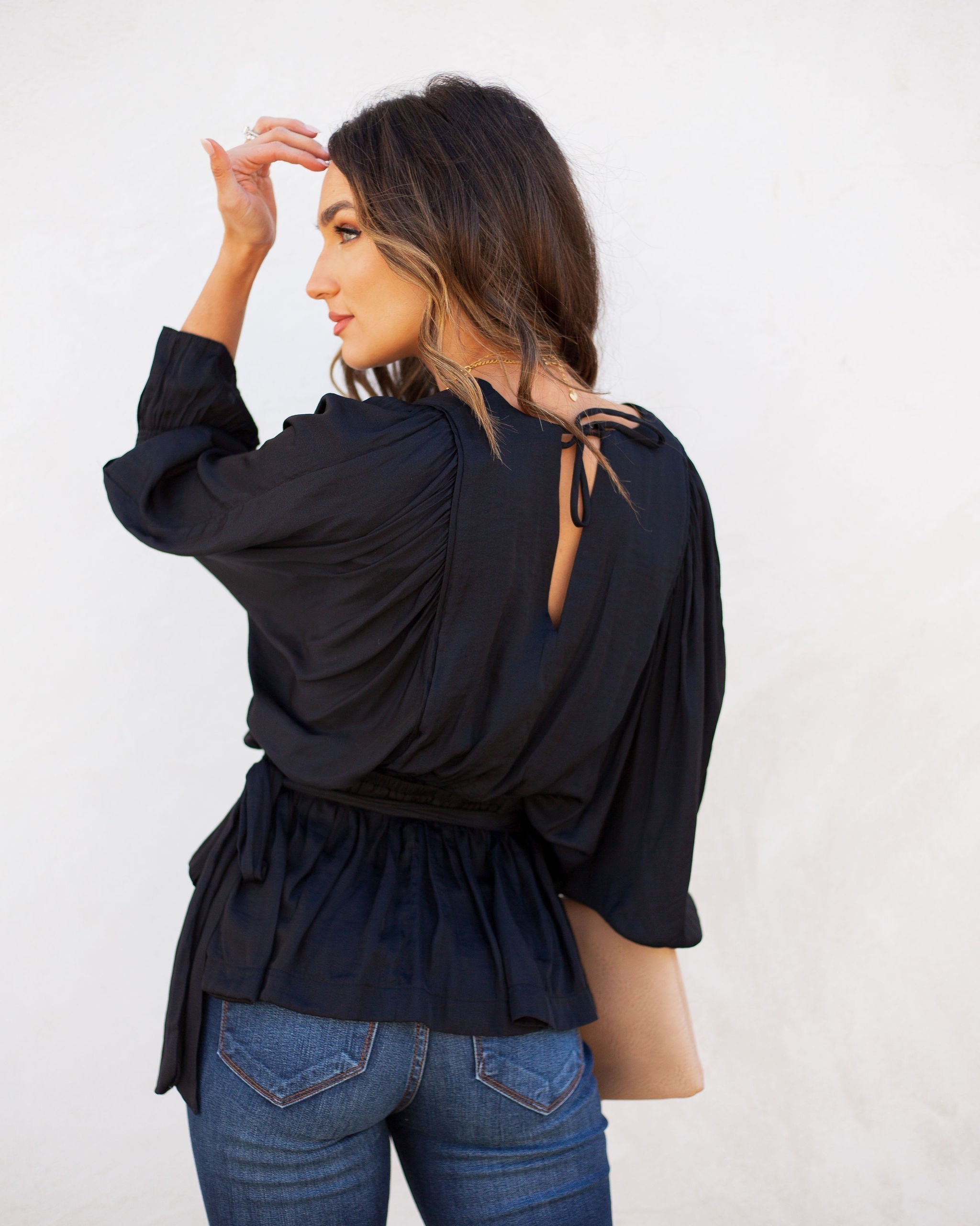 Manners Statement Sleeve Drape Blouse - Washed Black