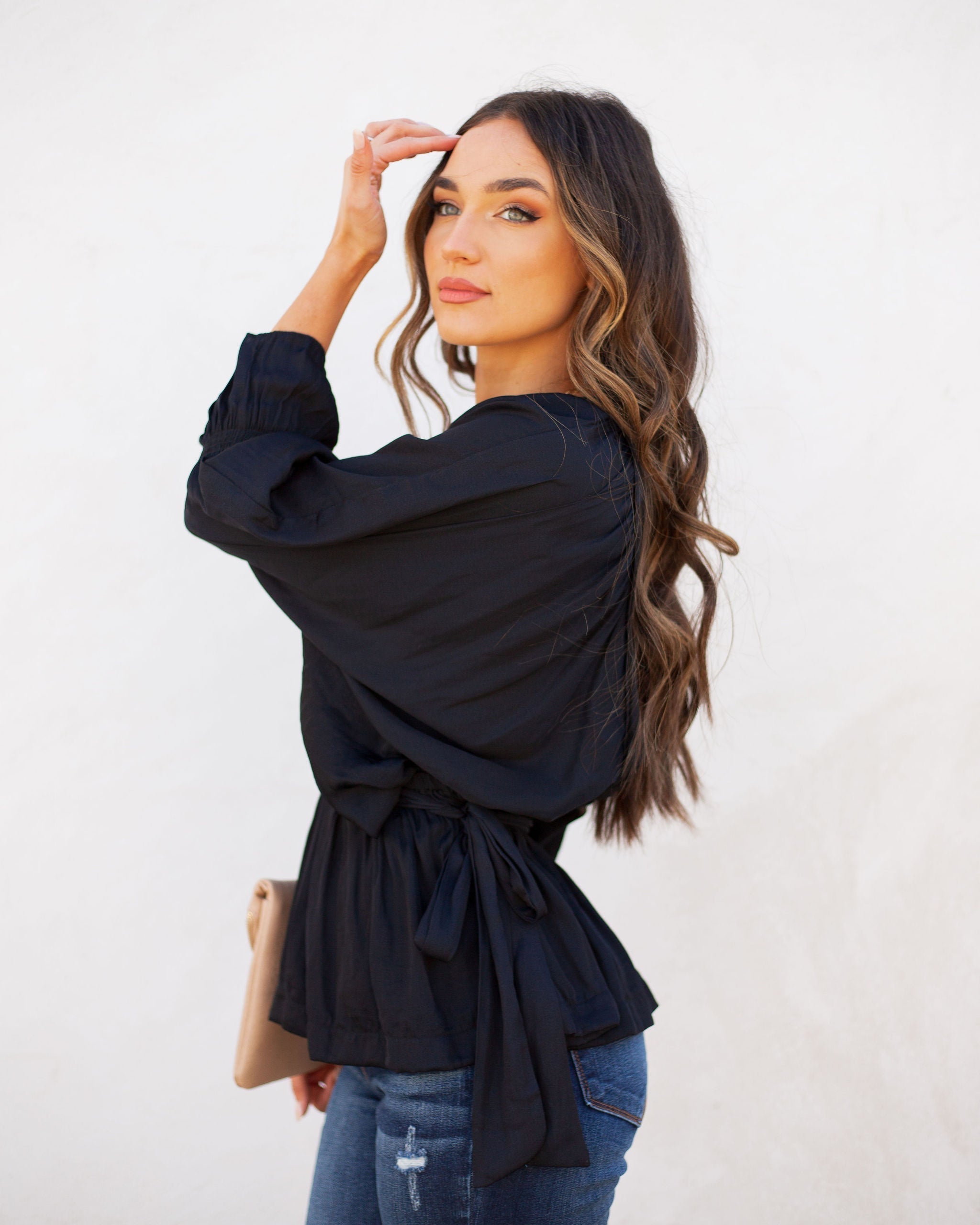 Manners Statement Sleeve Drape Blouse - Washed Black