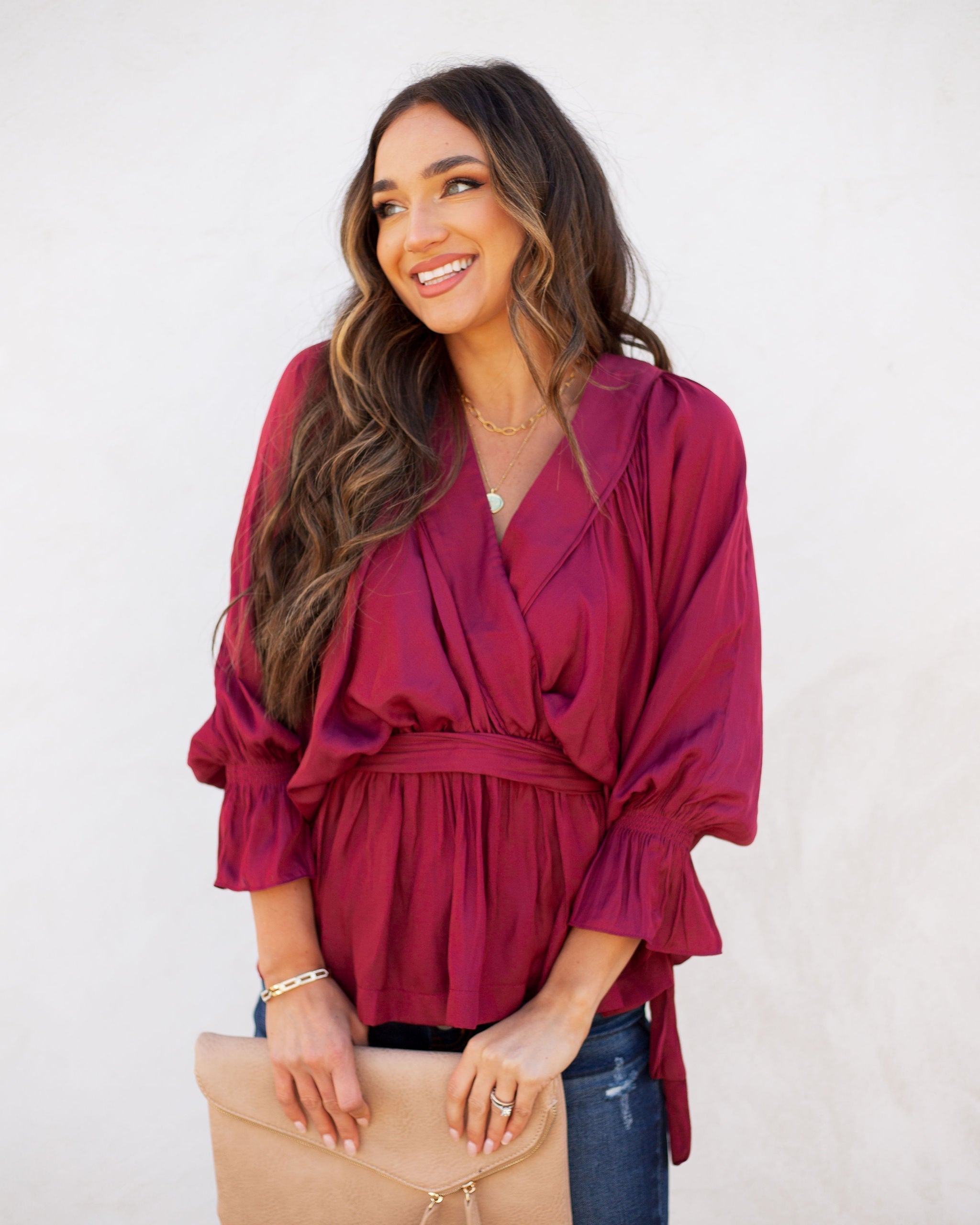 Manners Statement Sleeve Drape Blouse - Wine