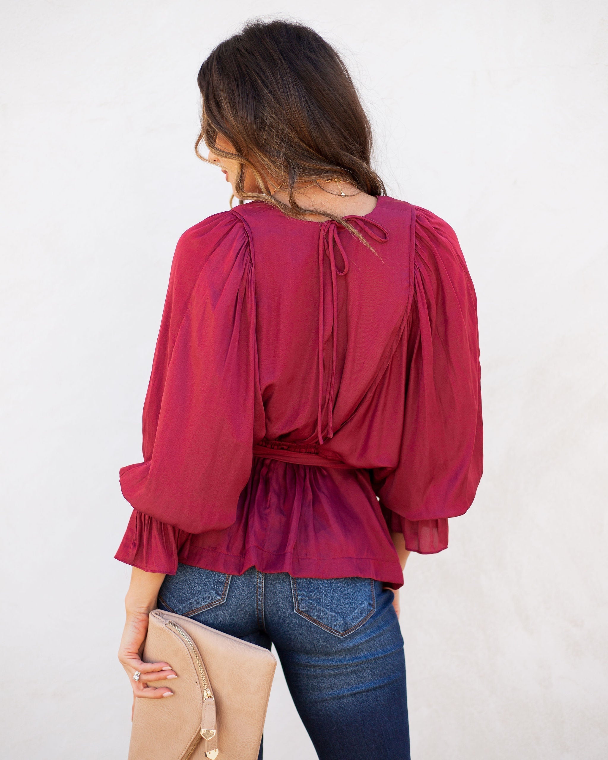 Manners Statement Sleeve Drape Blouse - Wine