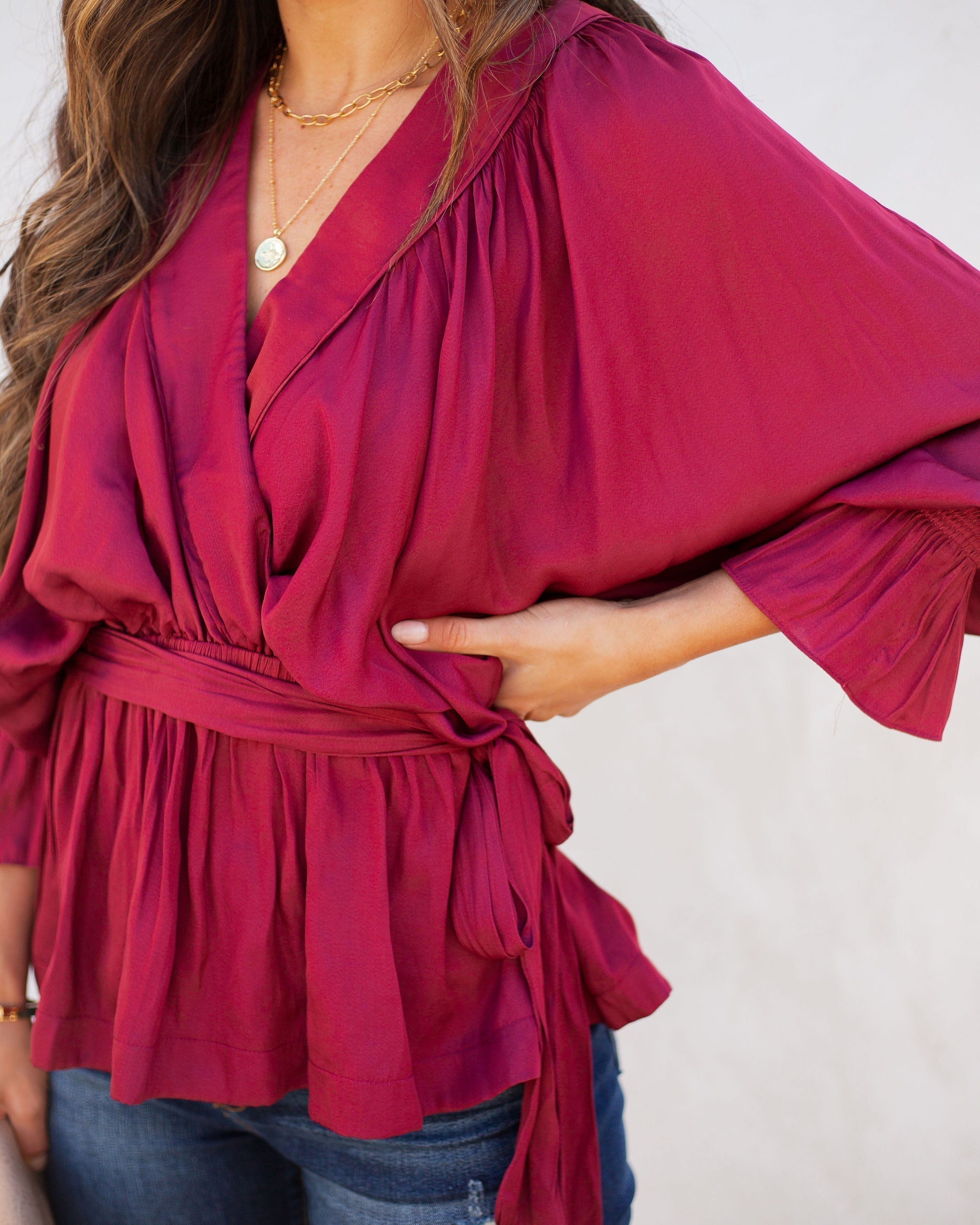 Manners Statement Sleeve Drape Blouse - Wine