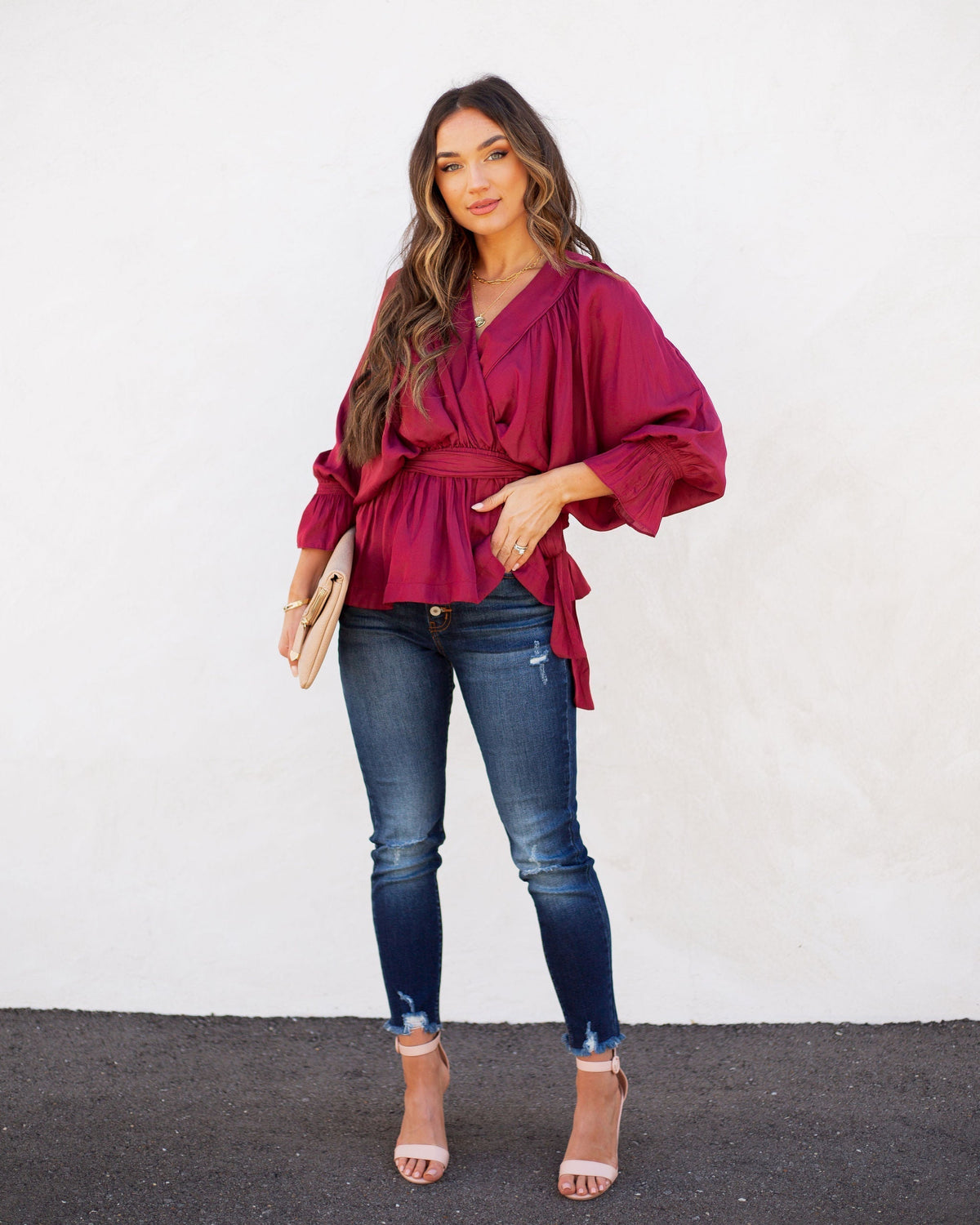 Manners Statement Sleeve Drape Blouse - Wine