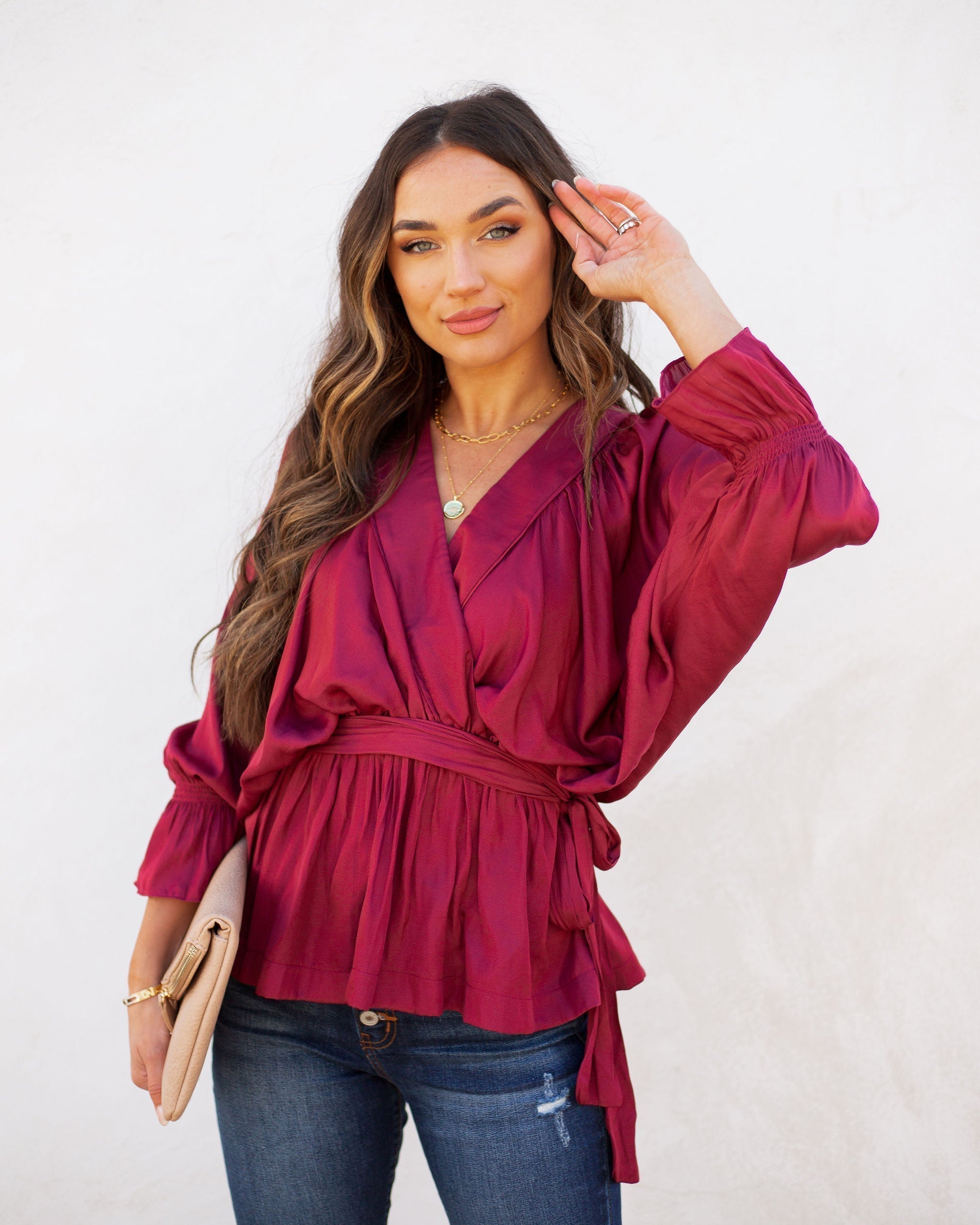 Manners Statement Sleeve Drape Blouse - Wine