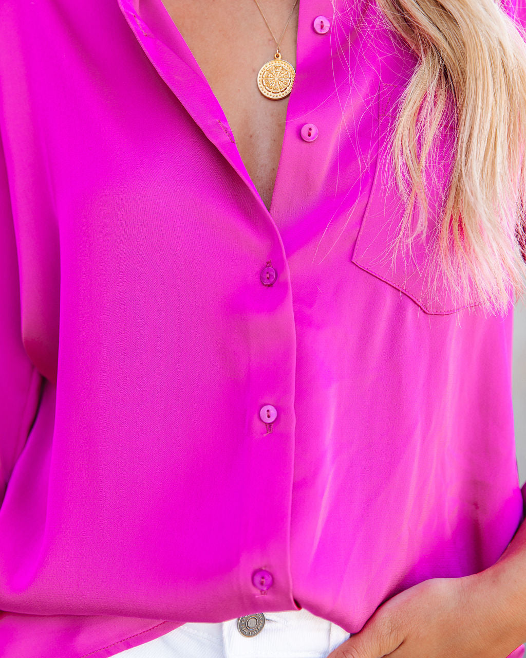 Margarita Satin Button Down Blouse - Hot Fuchsia