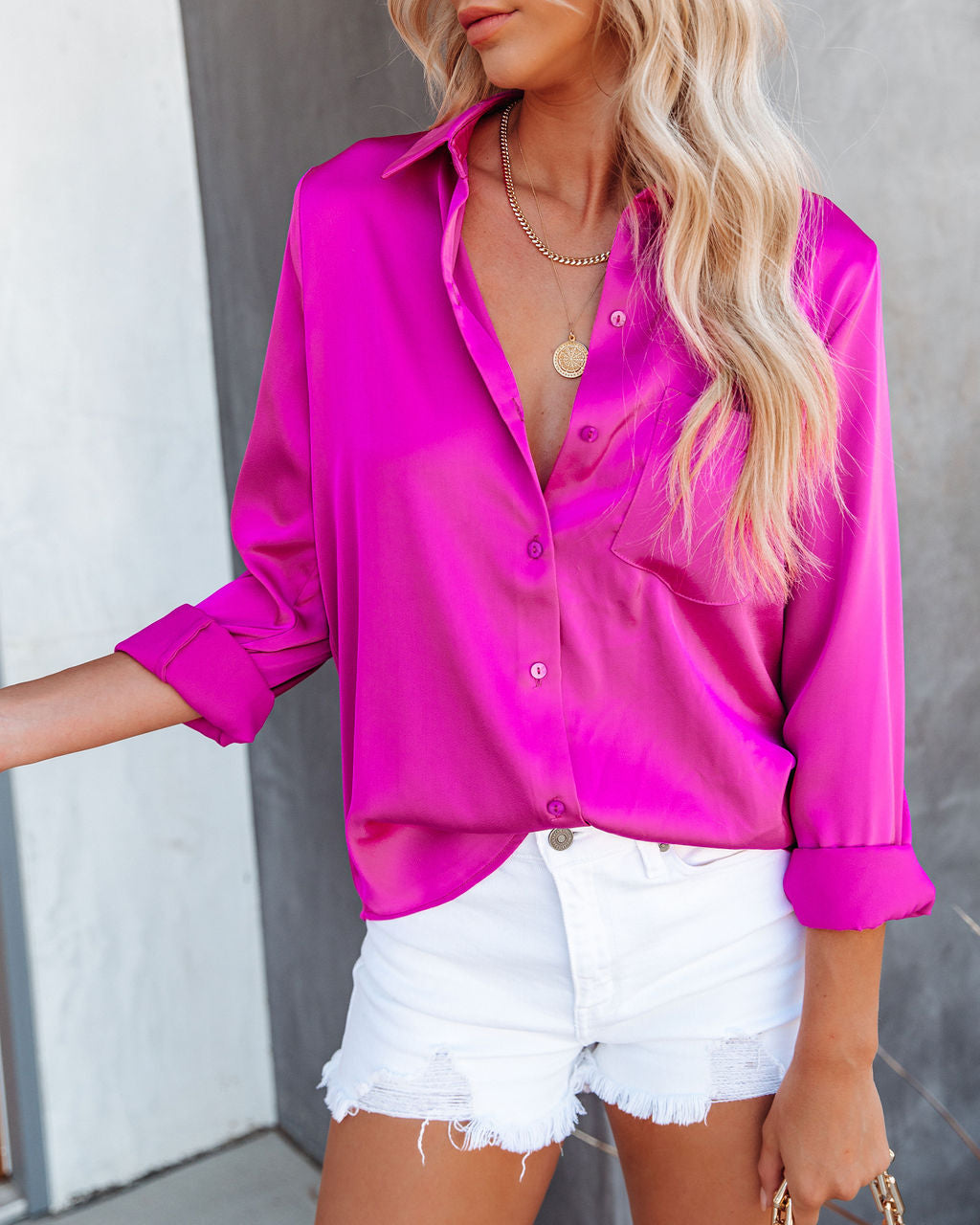 Margarita Satin Button Down Blouse - Hot Fuchsia