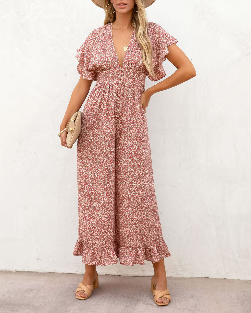 Mariah Printed Flutter Sleeve Jumpsuit