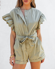 Marianne Ruffle Pocketed Romper - Olive