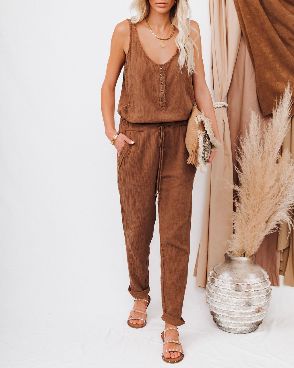 Maye Cotton Pocketed Drawstring Jumpsuit - Camel