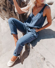 Maye Cotton Pocketed Drawstring Jumpsuit - Denim