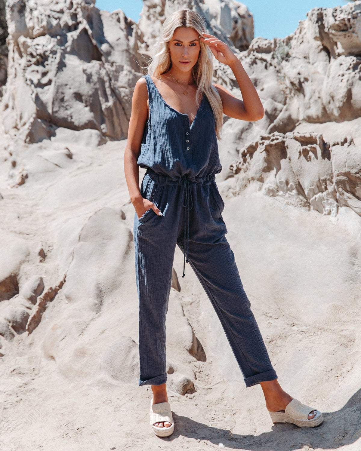 Maye Cotton Pocketed Drawstring Jumpsuit - Denim