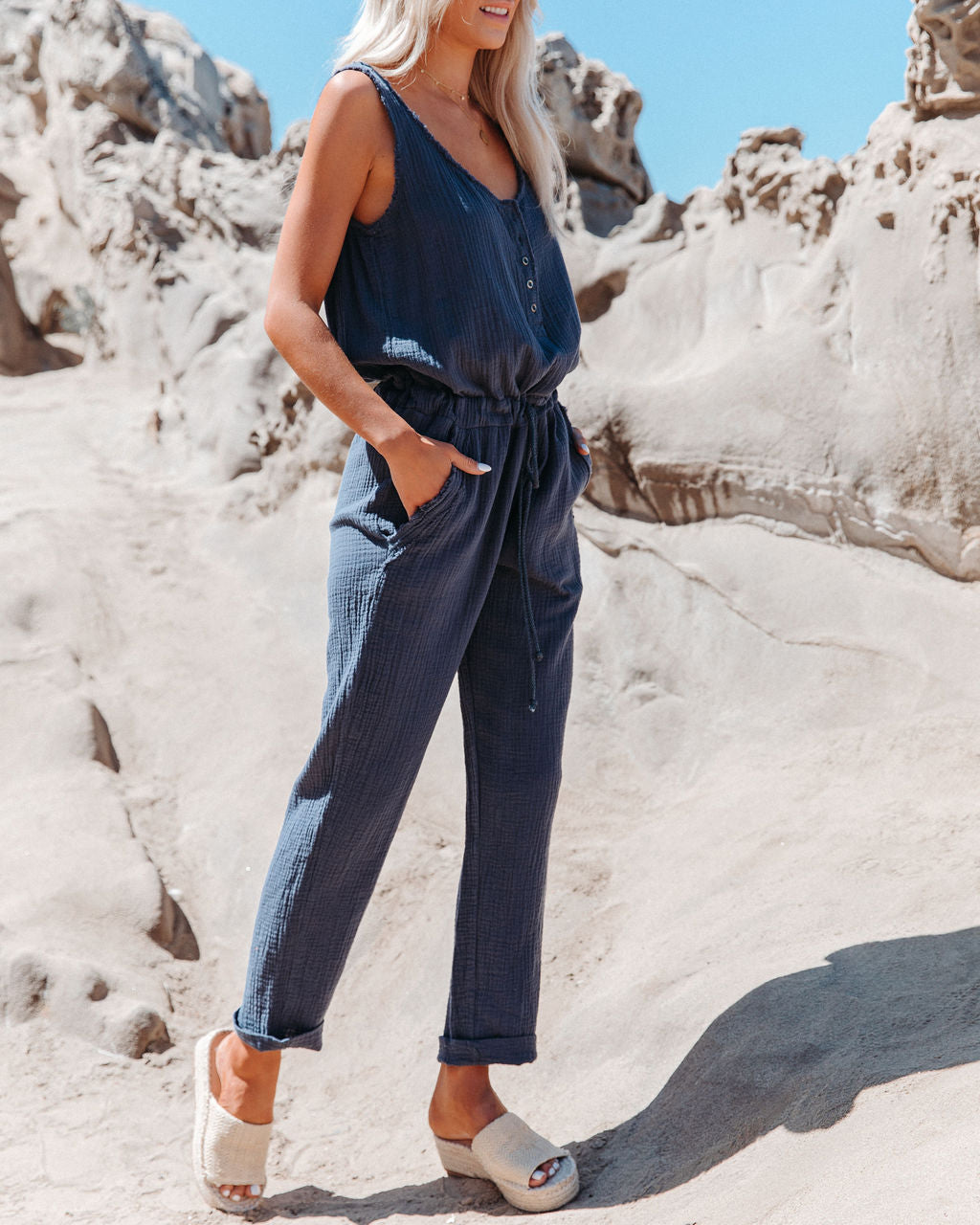 Maye Cotton Pocketed Drawstring Jumpsuit - Denim