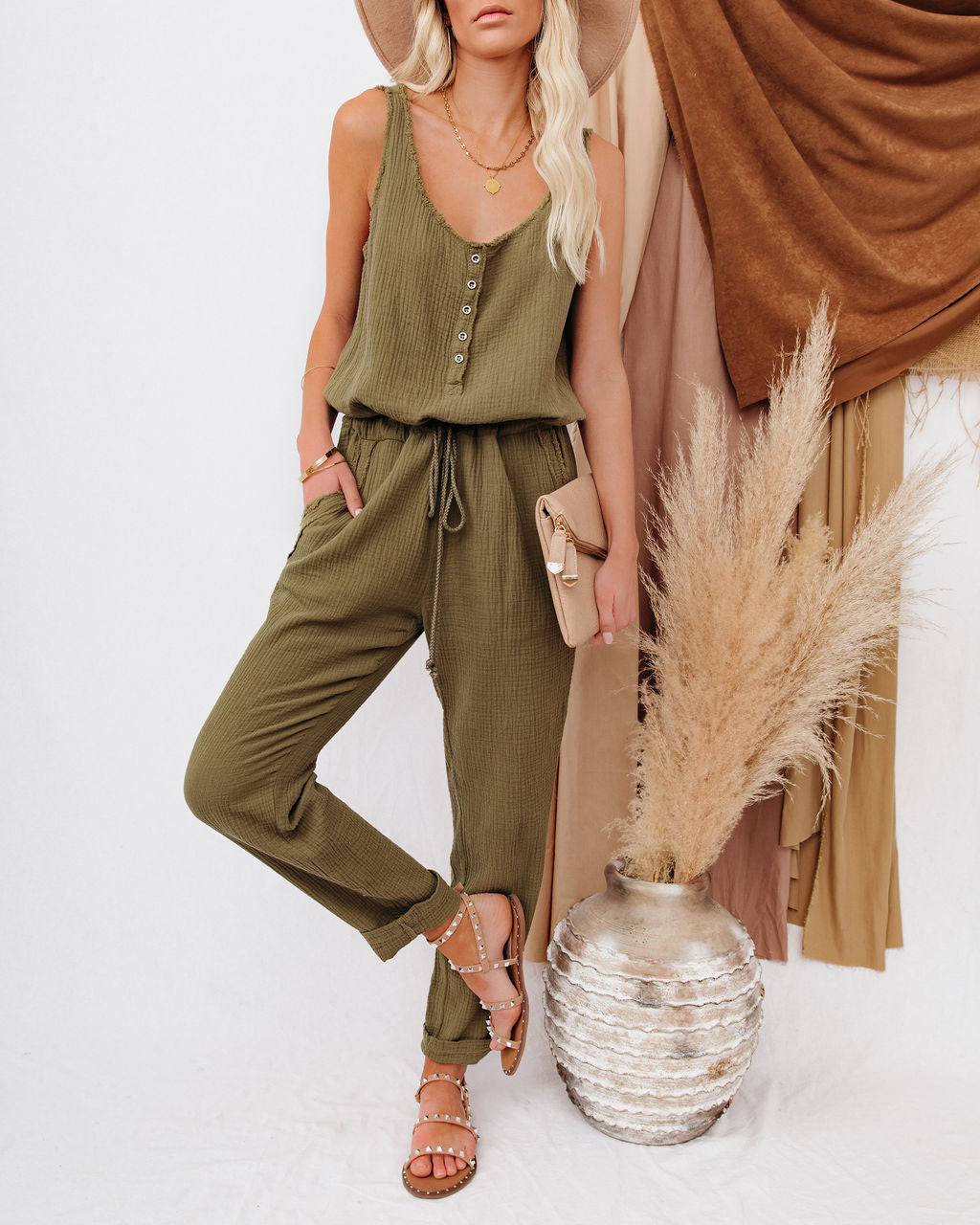 Maye Cotton Pocketed Drawstring Jumpsuit - Olive