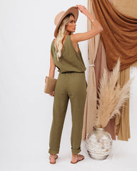 Maye Cotton Pocketed Drawstring Jumpsuit - Olive