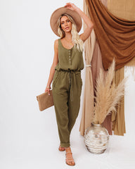 Maye Cotton Pocketed Drawstring Jumpsuit - Olive