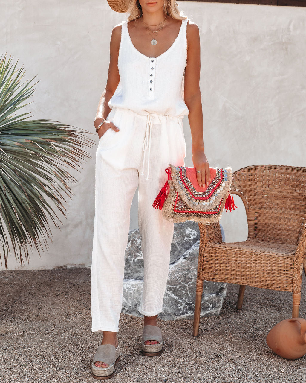 Maye Cotton Pocketed Drawstring Jumpsuit - White