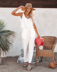 Maye Cotton Pocketed Drawstring Jumpsuit - White