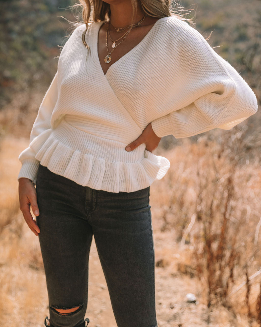 Mckenna Drape Peplum Knit Sweater - Cream