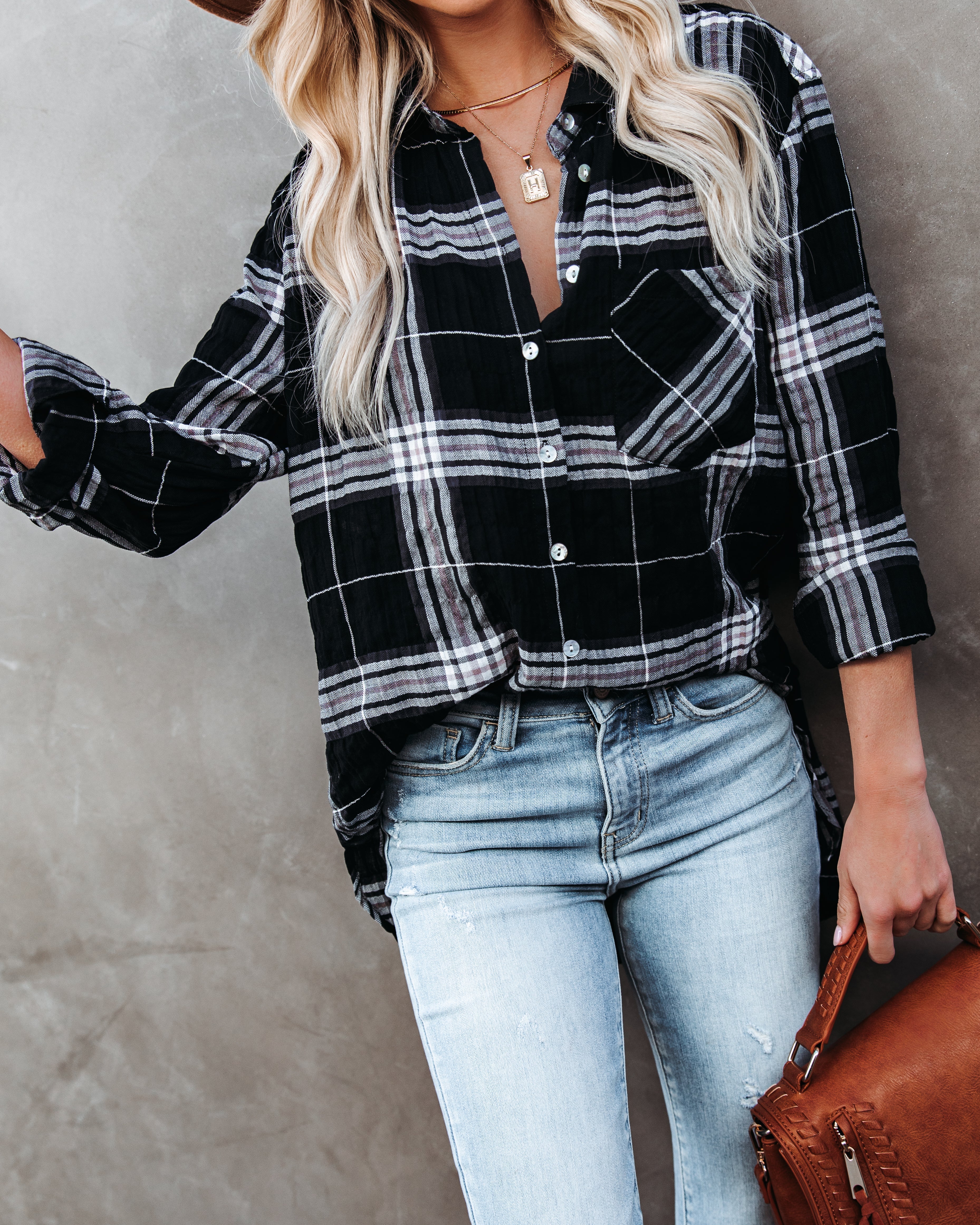 Melancholy Plaid Button Down Top