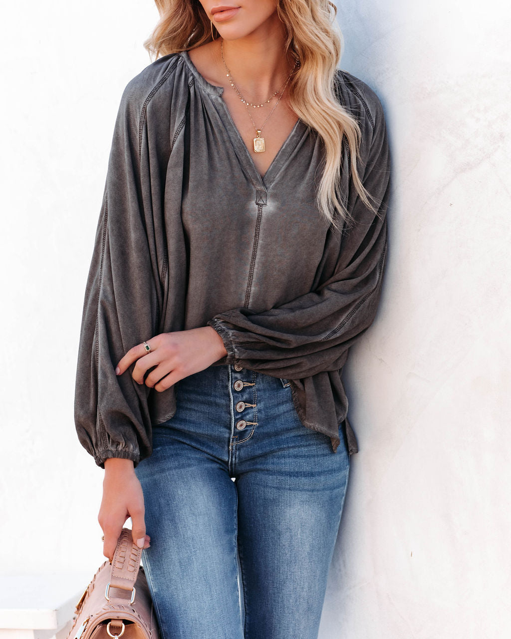 Mendez Washed Dolman Top - Charcoal