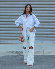 Menswear Cotton Blend Button Down Shirt - Light Blue