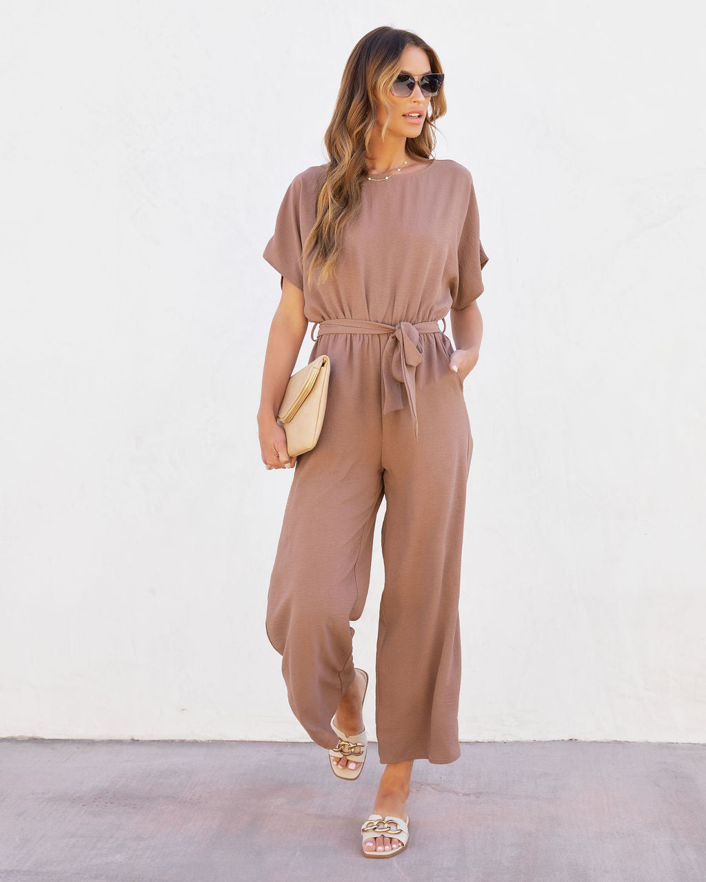 Mercy Pocketed Waist Tie Jumpsuit - Mocha