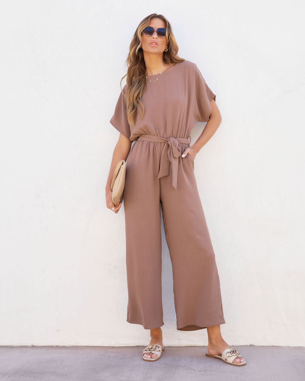 Mercy Pocketed Waist Tie Jumpsuit - Mocha