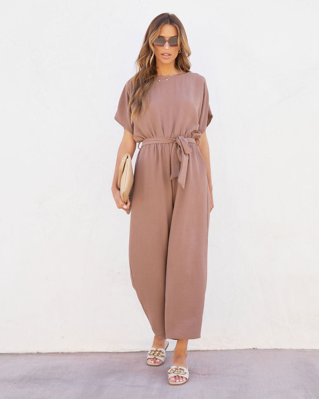 Mercy Pocketed Waist Tie Jumpsuit - Mocha