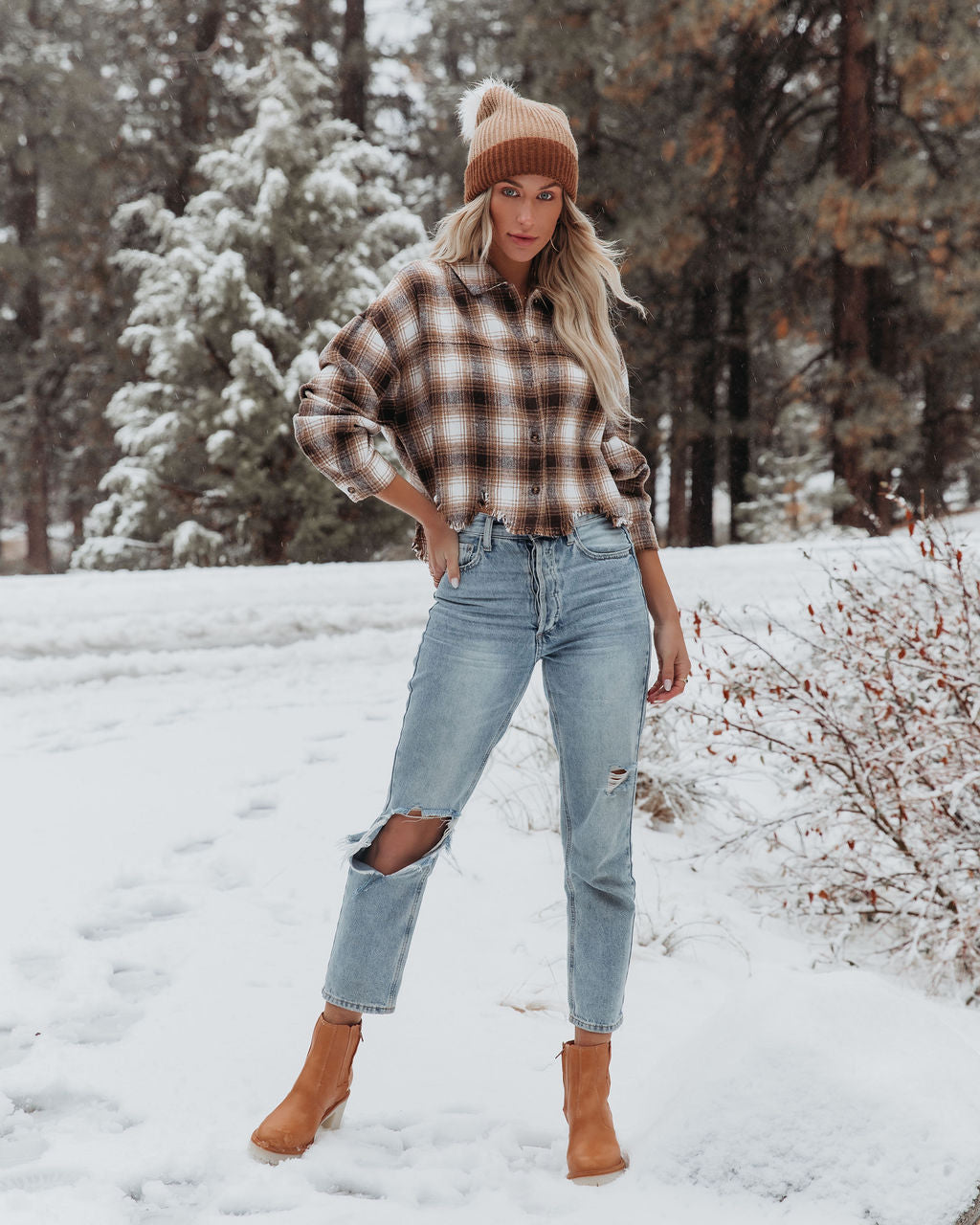 Merlin Cropped Button Down Plaid Top - Brown