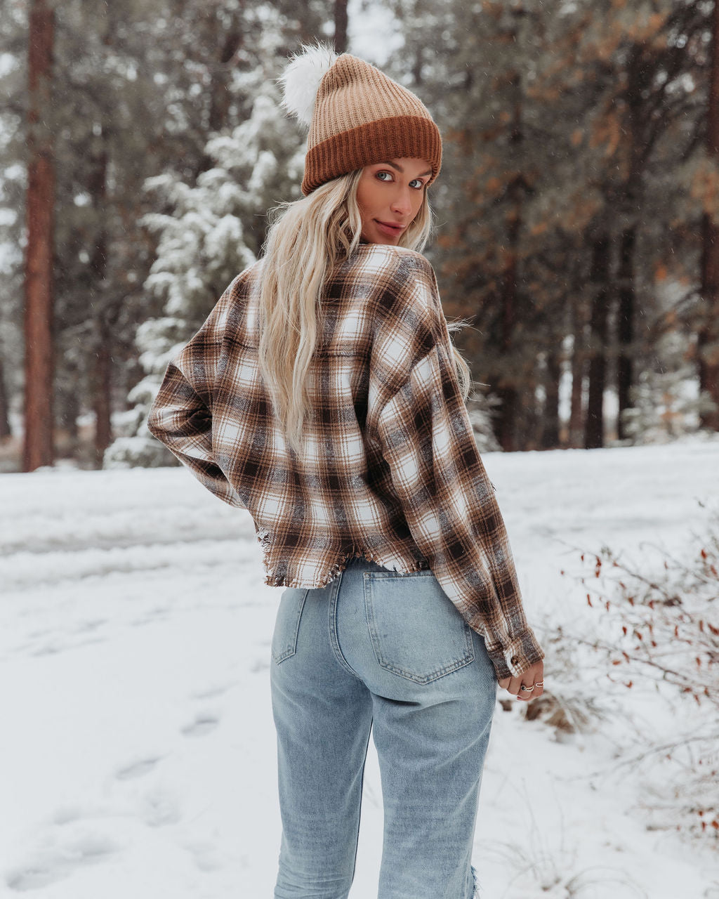 Merlin Cropped Button Down Plaid Top - Brown