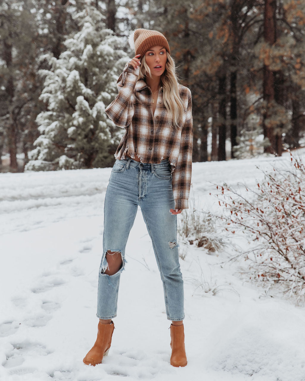 Merlin Cropped Button Down Plaid Top - Brown