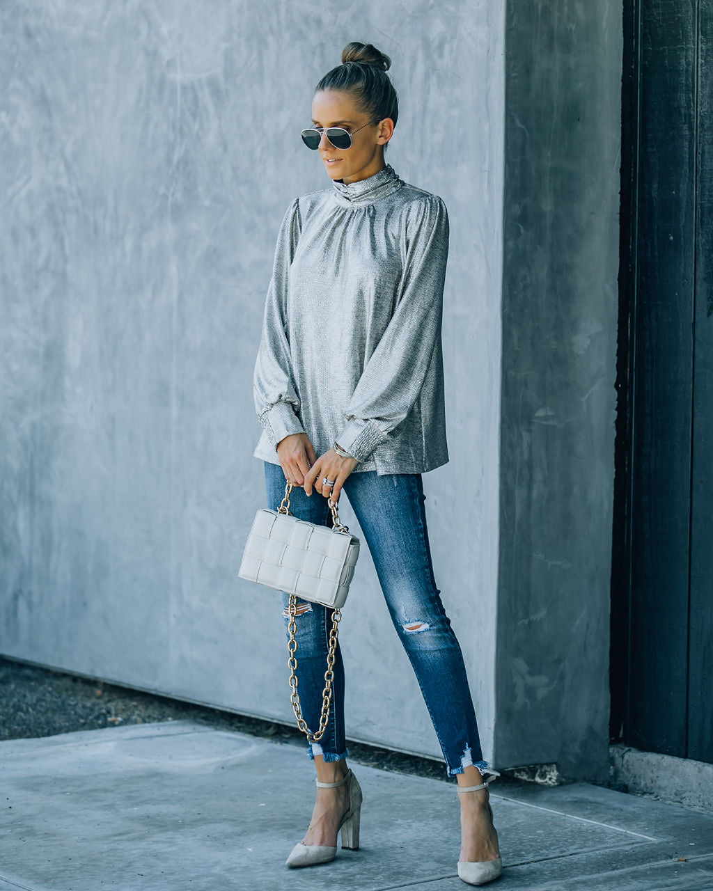 Mia Mock Neck Metallic Blouse