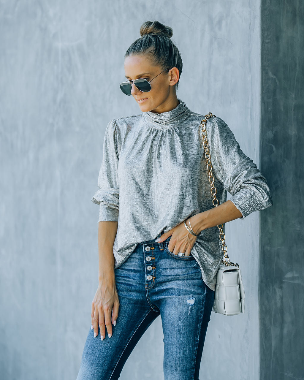 Mia Mock Neck Metallic Blouse