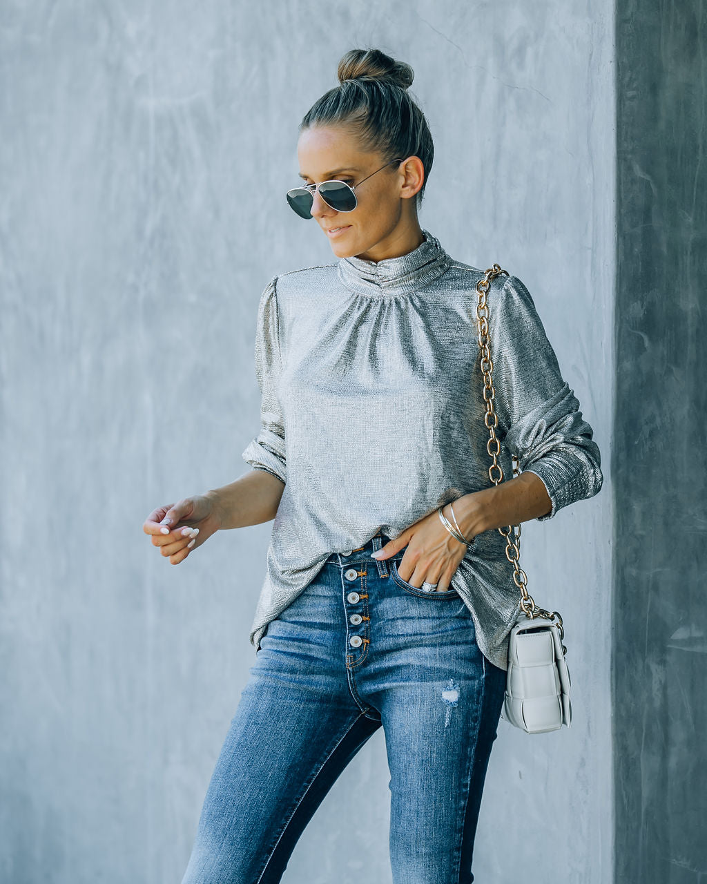 Mia Mock Neck Metallic Blouse