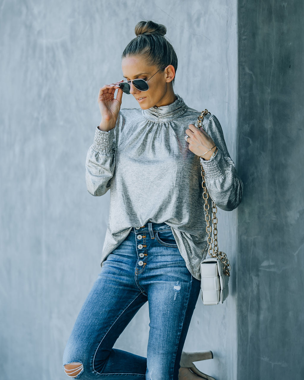 Mia Mock Neck Metallic Blouse