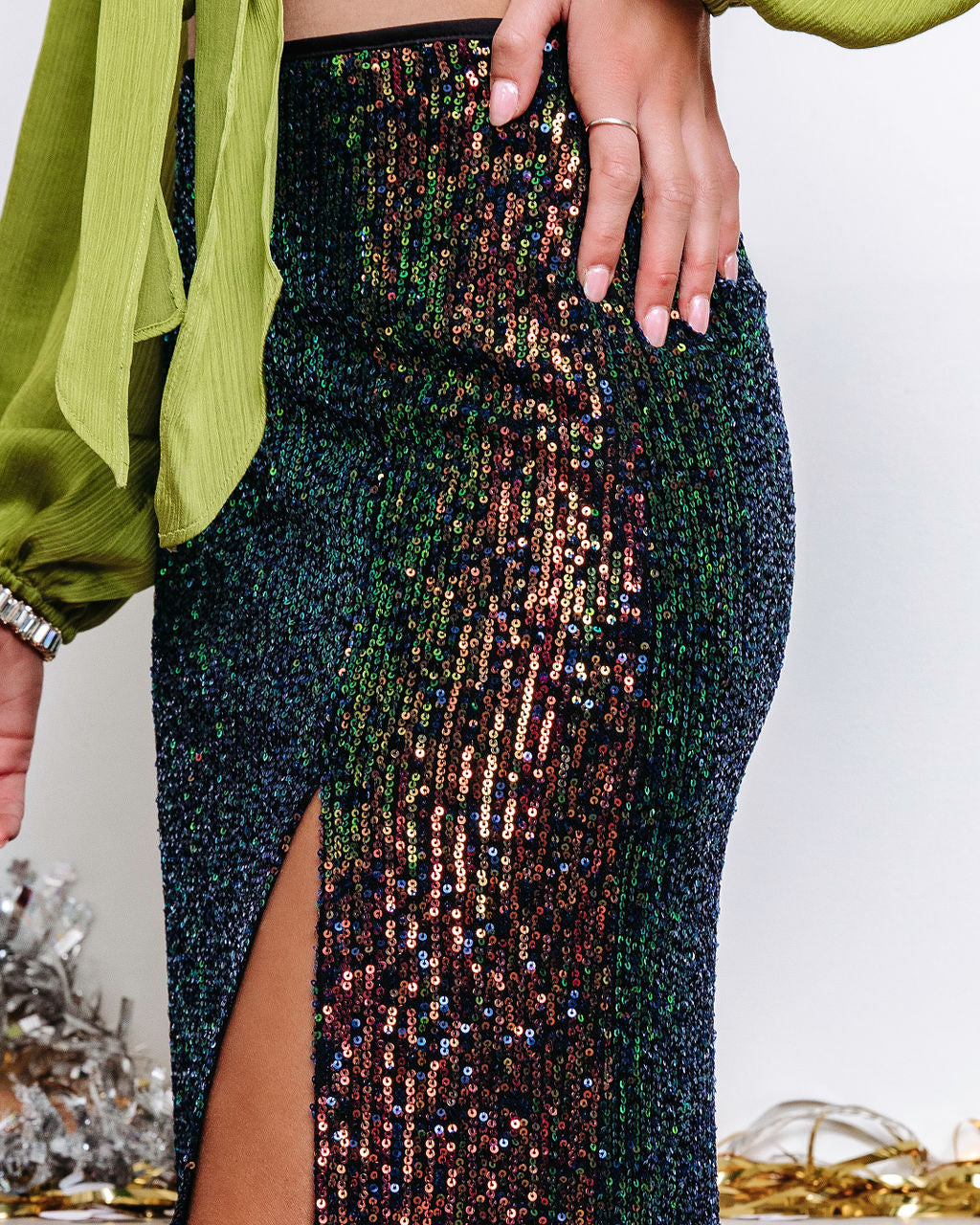 Midnight Flashing Lights Sequin Slit Midi Skirt