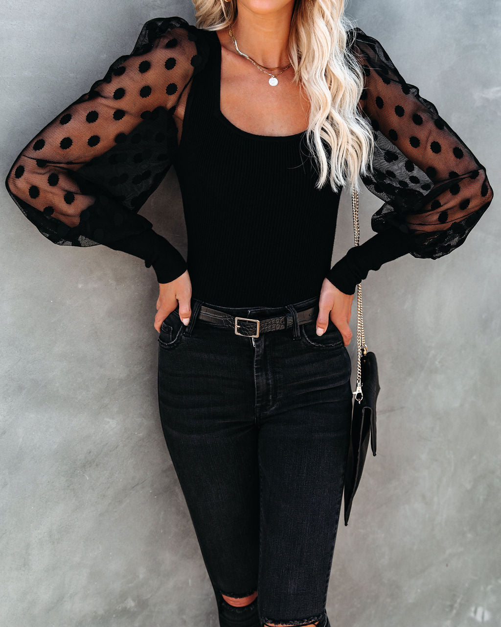 Mina Contrast Polka Dot Sleeve Knit Top - Black