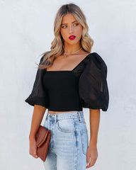 Mingle Puff Sleeve Knit Crop Top - Black