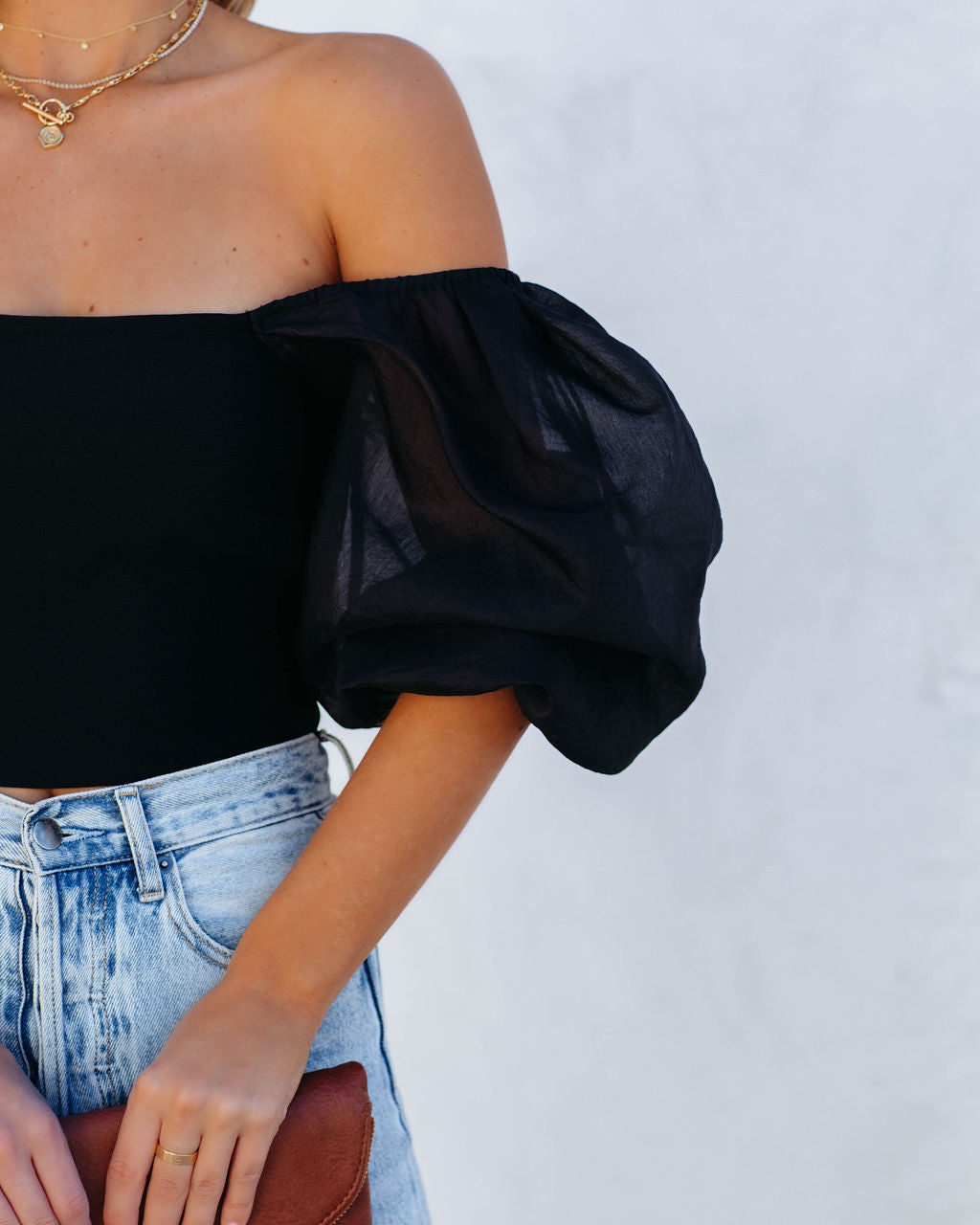 Mingle Puff Sleeve Knit Crop Top - Black