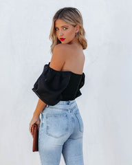 Mingle Puff Sleeve Knit Crop Top - Black