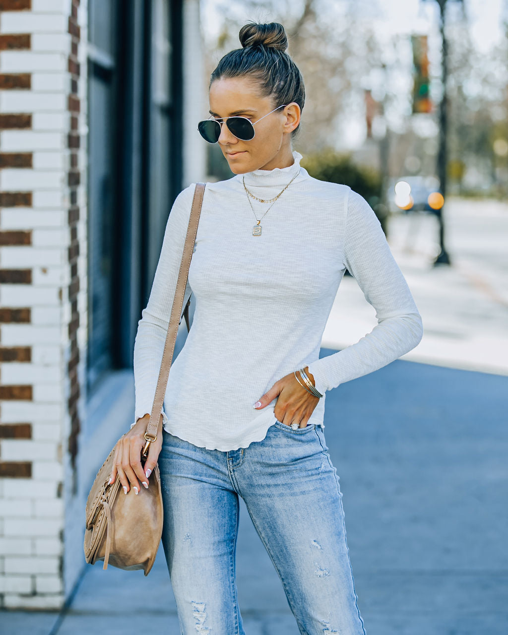 Minka Cotton Blend Ribbed Mock Neck Top - Off White