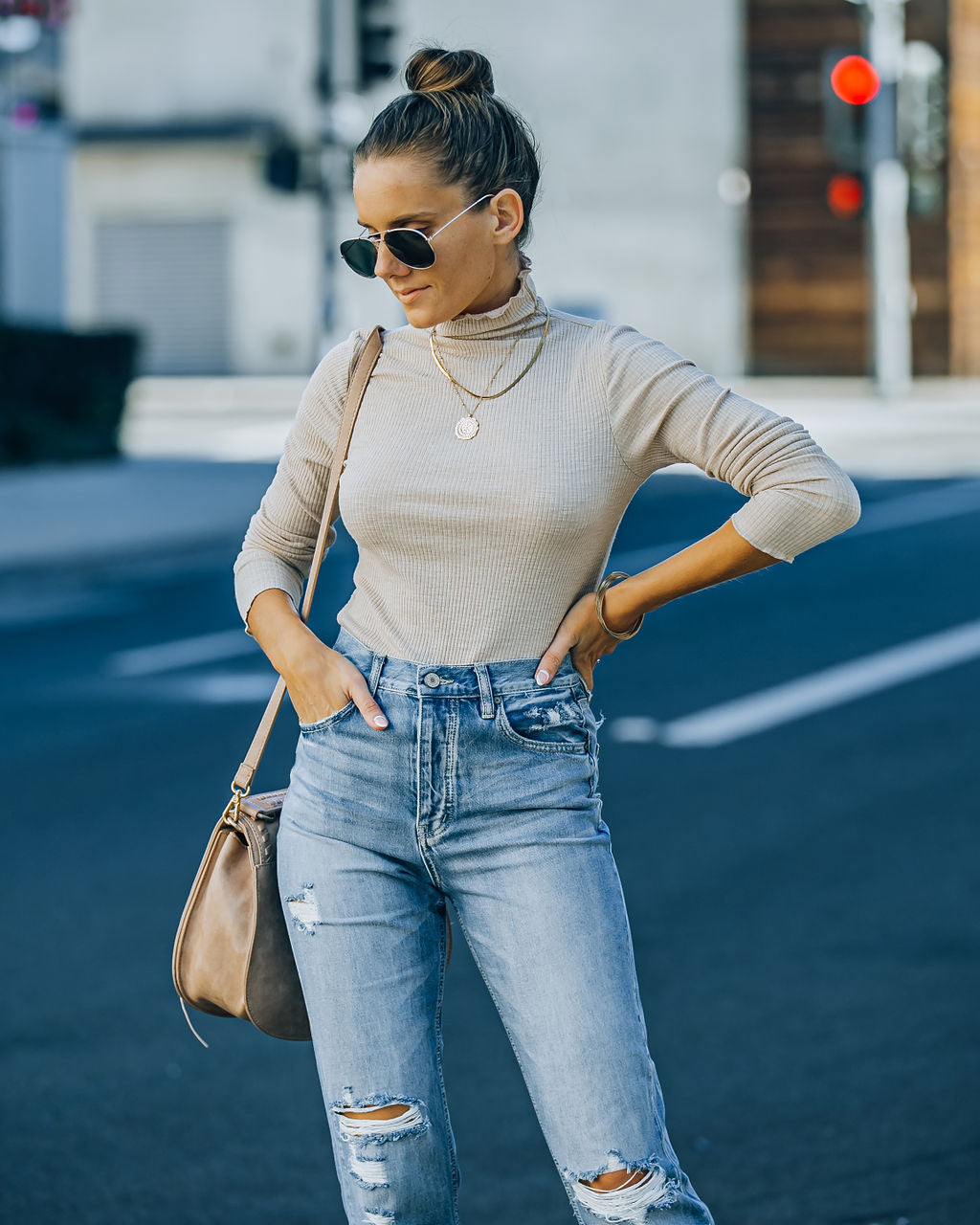 Minka Cotton Blend Ribbed Mock Neck Top - Taupe