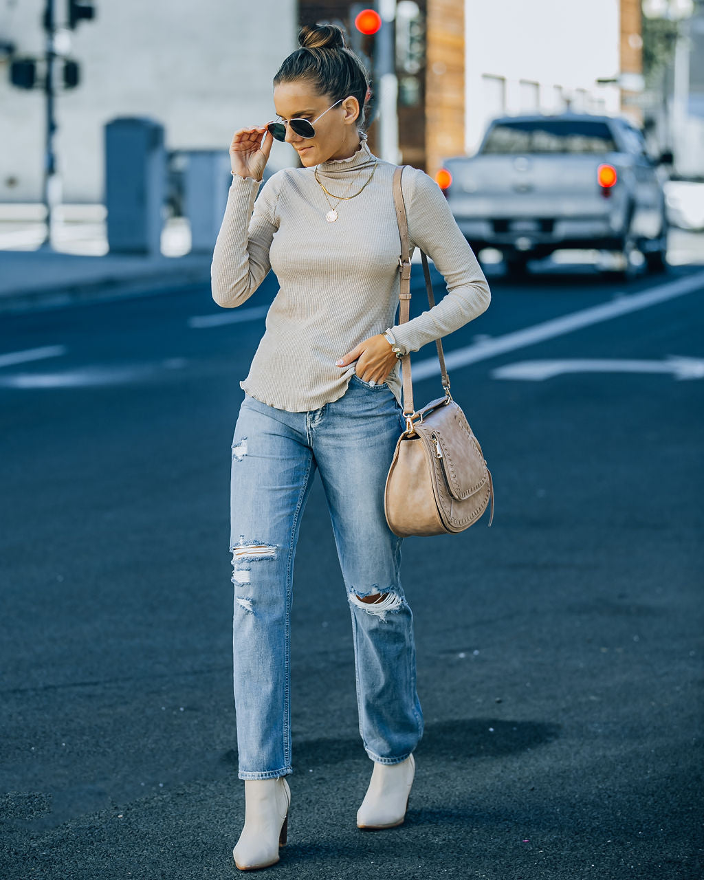 Minka Cotton Blend Ribbed Mock Neck Top - Taupe