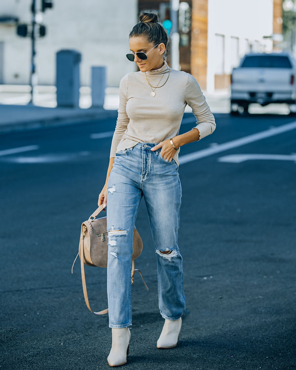 Minka Cotton Blend Ribbed Mock Neck Top - Taupe