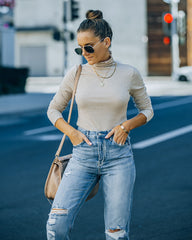 Minka Cotton Blend Ribbed Mock Neck Top - Taupe