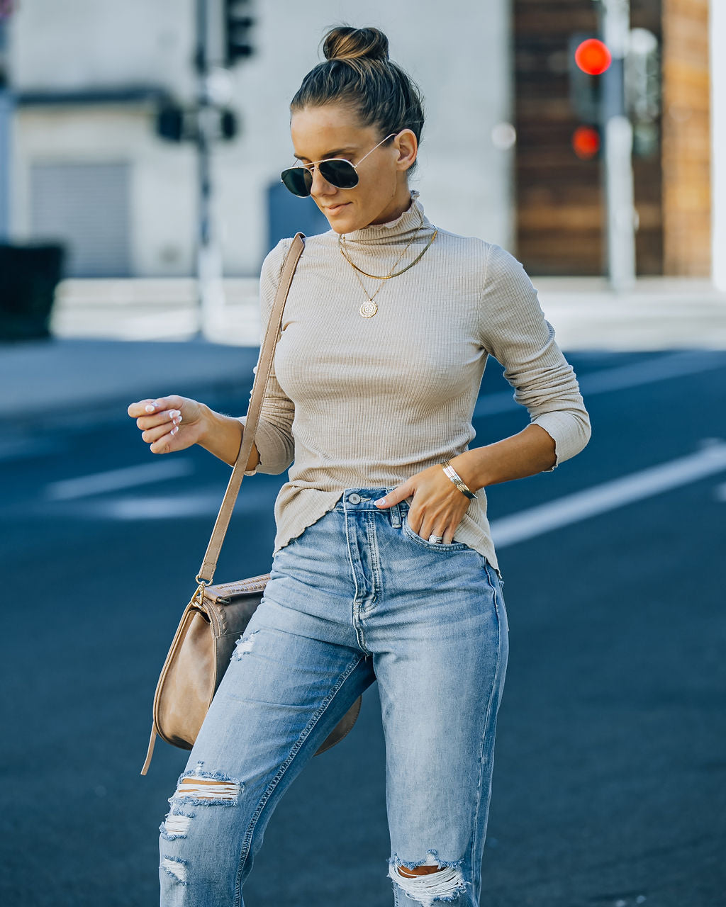 Minka Cotton Blend Ribbed Mock Neck Top - Taupe